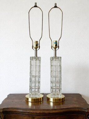 Vintage MCM Crystal Glass Block Column Table Lamps Pair Mid Century Modern Brass